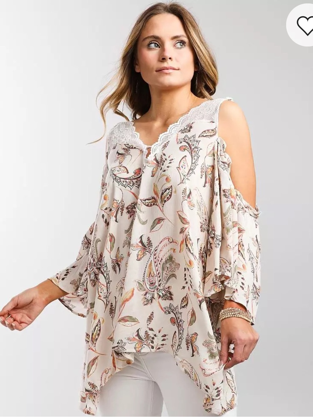 Gimmicks Boho Paisley Cold Shoulder Tunic Top Lace Trim XS